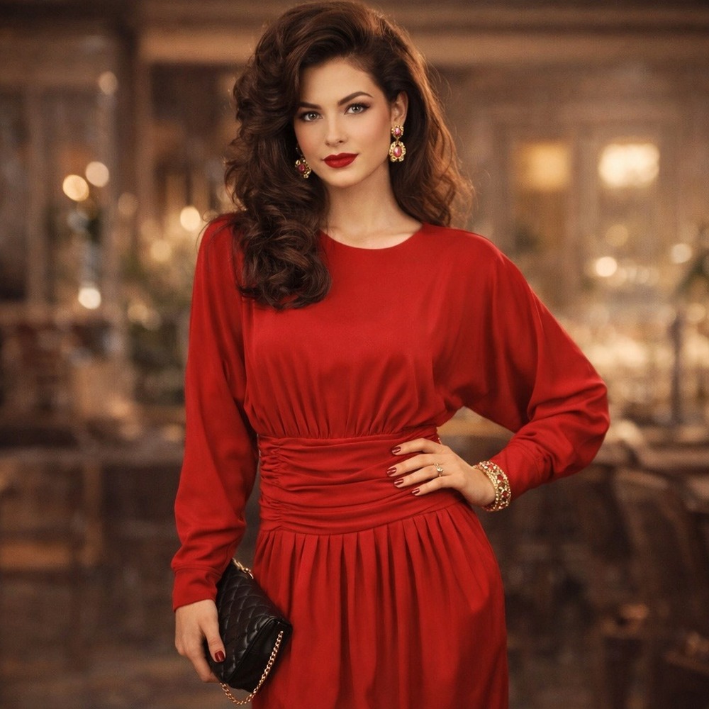 Vintage 90s Maggy London Red Rayon Dress 12 Ruched Waist Dolman Cocktail